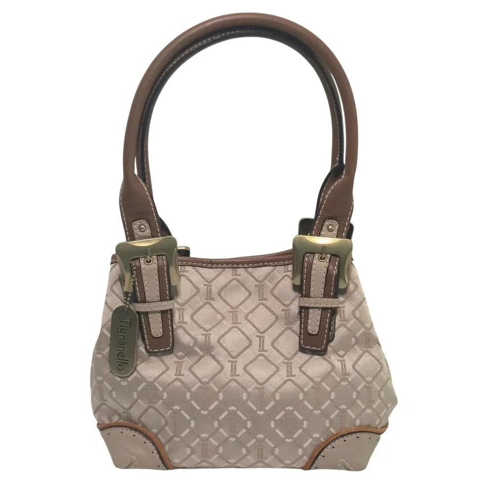 Tignanello Signature Satin Satchel‎ Shoulder Bag Handbag Purse Tan Leather Trim